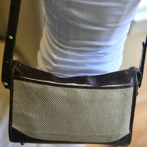 Brahmin Dark Brown Pattern Leather & Beige Woven Fabric Shoulder/ Crossbody Bag - Picture 5 of 10